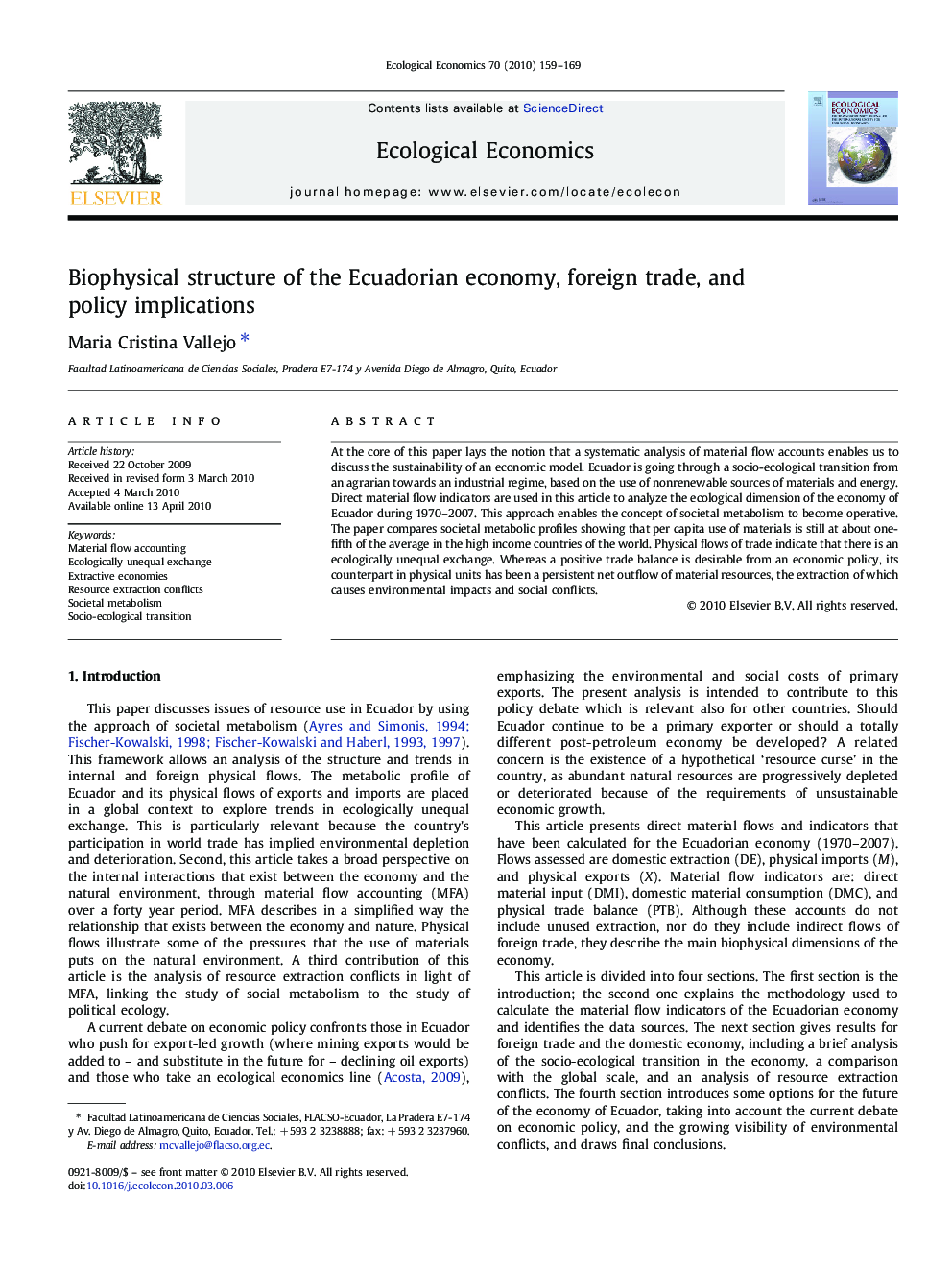 Biophysical structure of the Ecuadorian economy, foreign trade, and policy implications