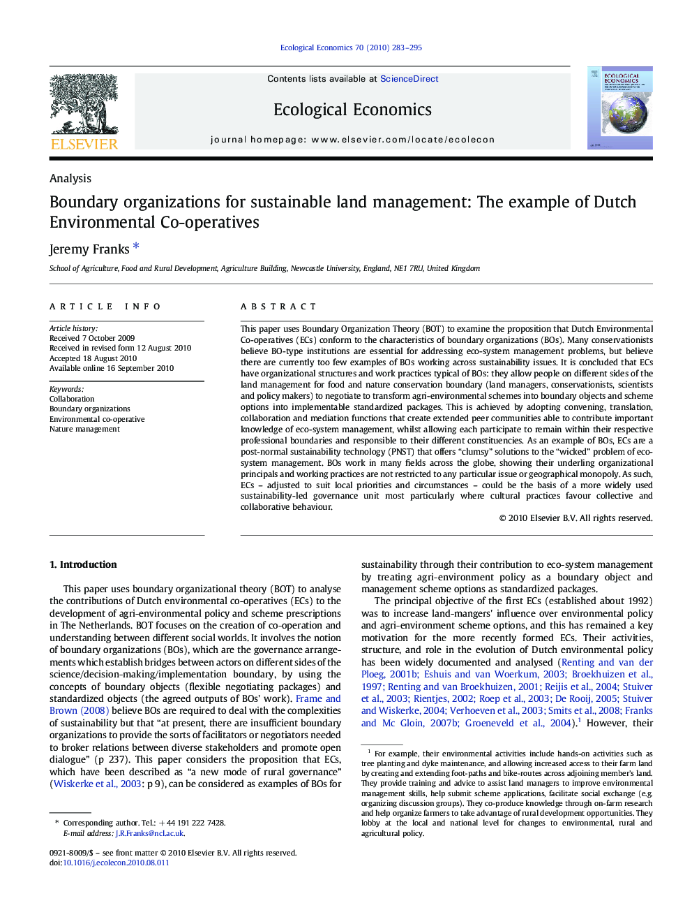 Boundary organizations for sustainable land management: The example of Dutch Environmental Co-operatives