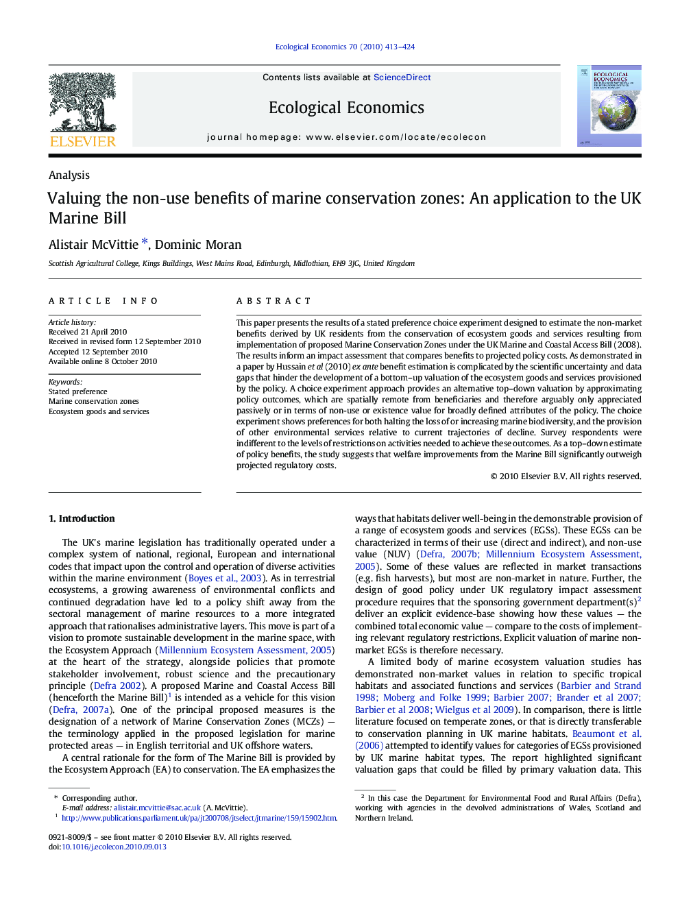 Valuing the non-use benefits of marine conservation zones: An application to the UK Marine Bill