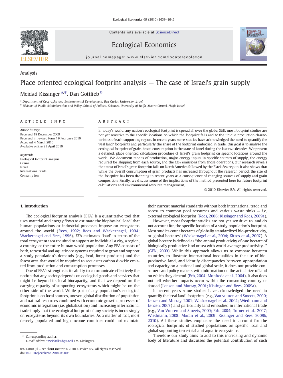 Place oriented ecological footprint analysis - The case of Israel's grain supply