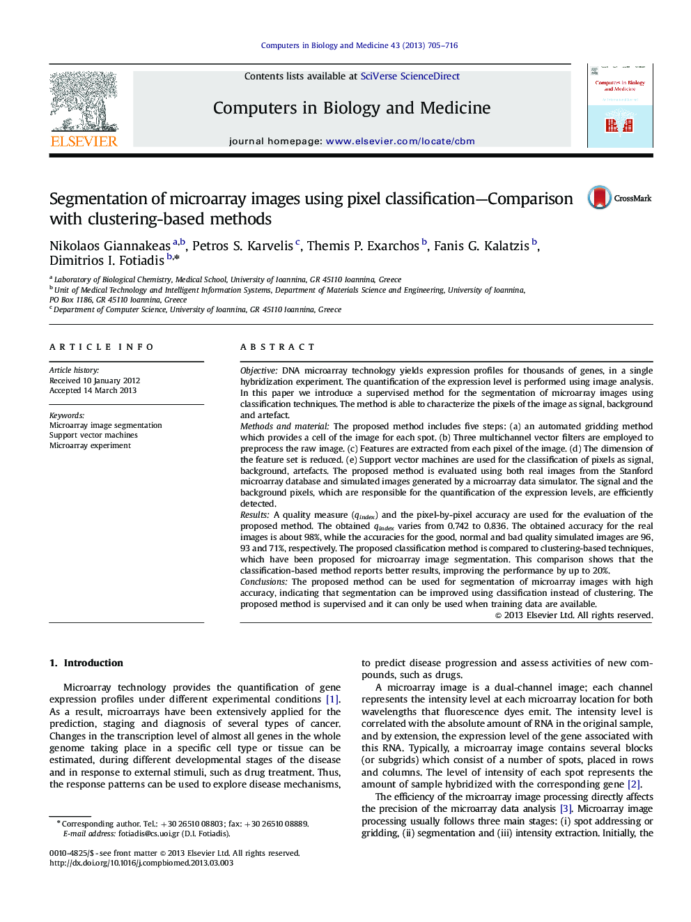 Segmentation of microarray images using pixel classification—Comparison with clustering-based methods