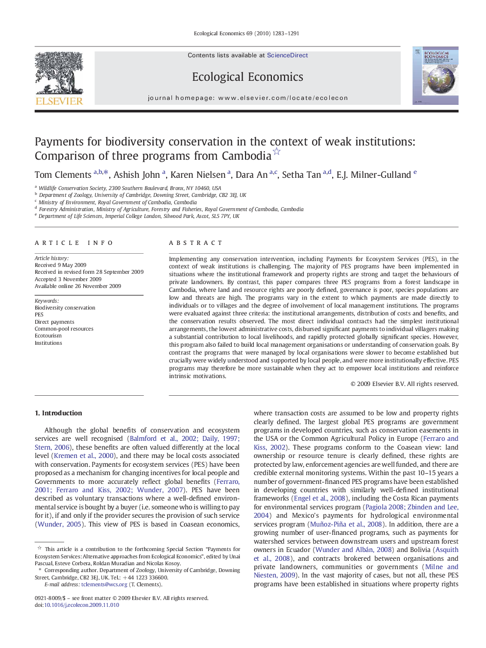 عکس صفحه اول مقاله: Payments for biodiversity conservation in the context of weak institutions: Comparison of three programs from Cambodia Payments for biodiversity conservation in the context of weak institutions: Comparison of three programs from Cambodia