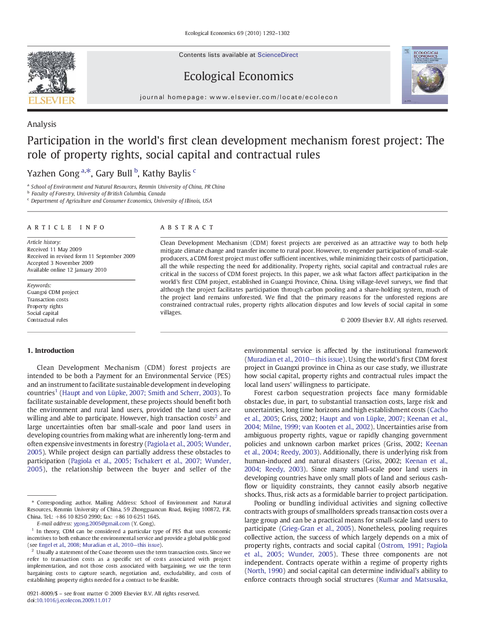 Participation in the world's first clean development mechanism forest project: The role of property rights, social capital and contractual rules