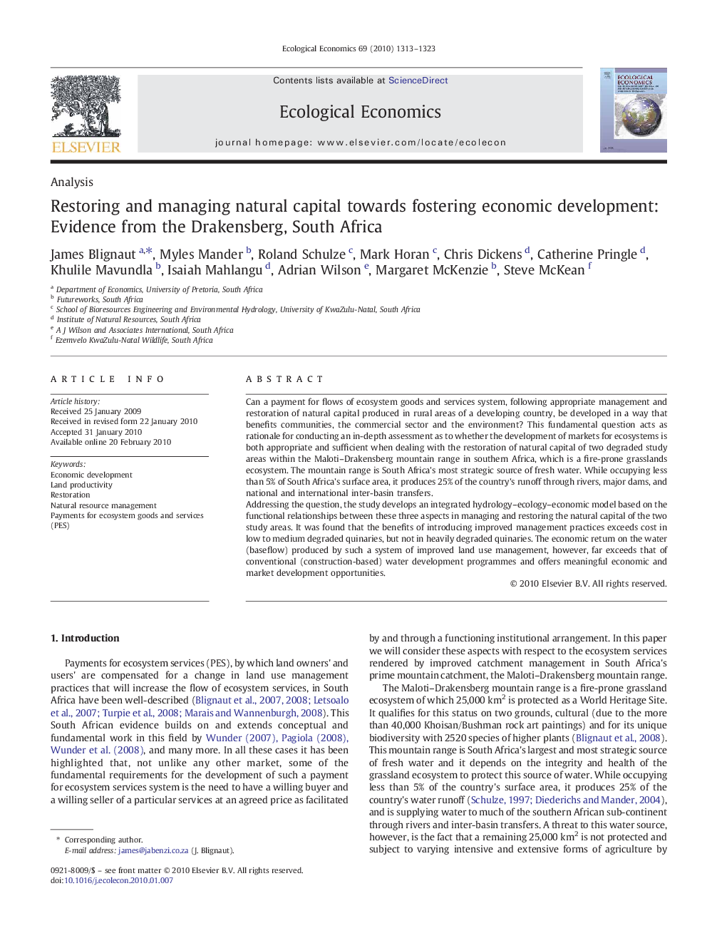 Restoring and managing natural capital towards fostering economic development: Evidence from the Drakensberg, South Africa