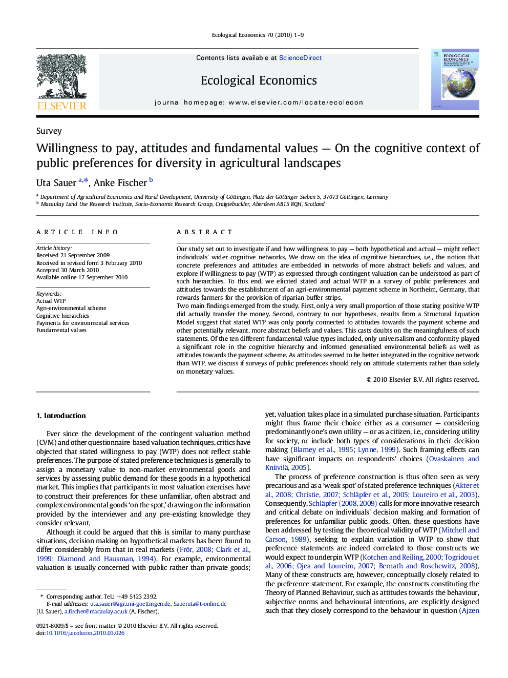 Willingness to pay, attitudes and fundamental values - On the cognitive context of public preferences for diversity in agricultural landscapes