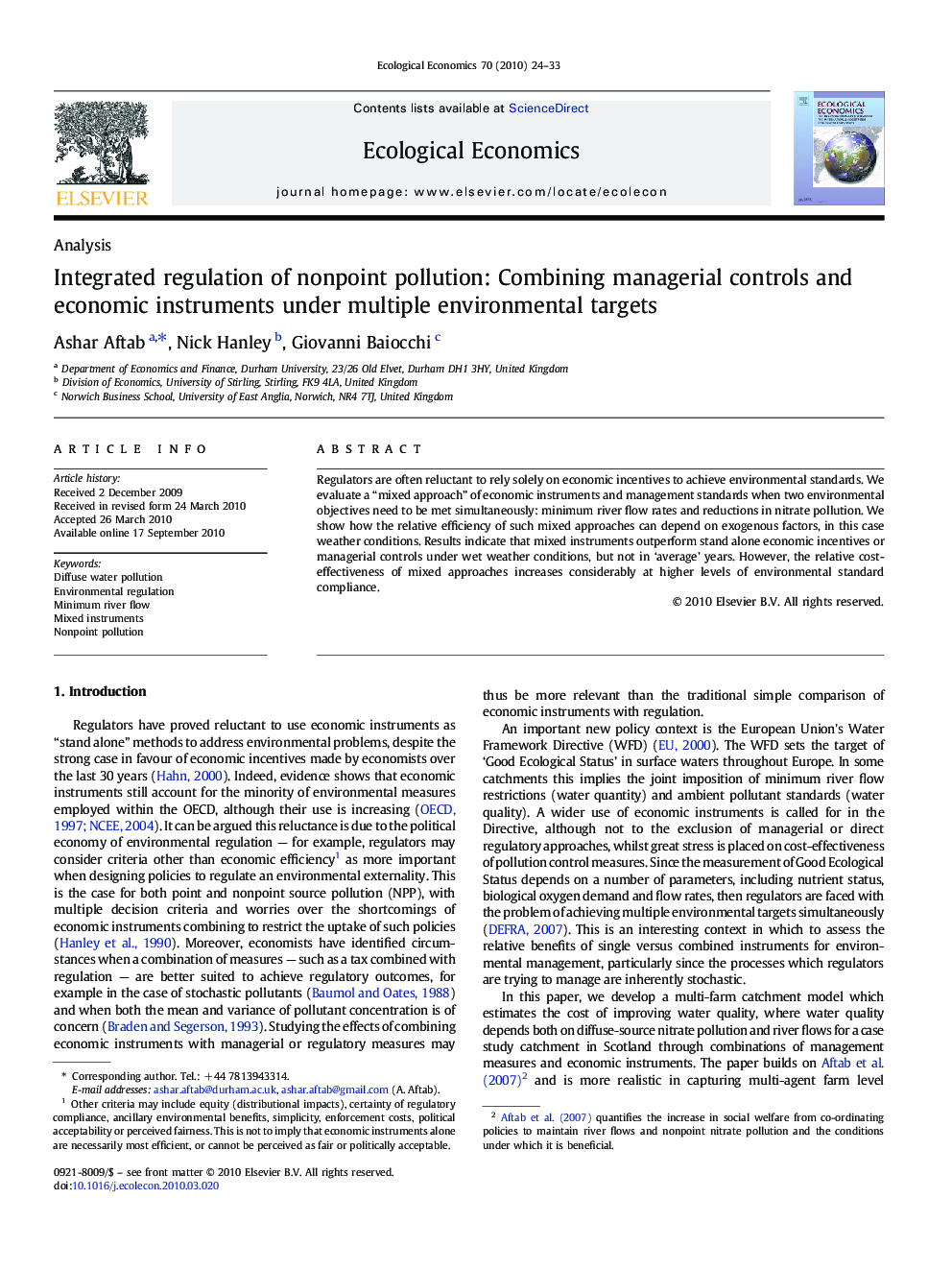 Integrated regulation of nonpoint pollution: Combining managerial controls and economic instruments under multiple environmental targets