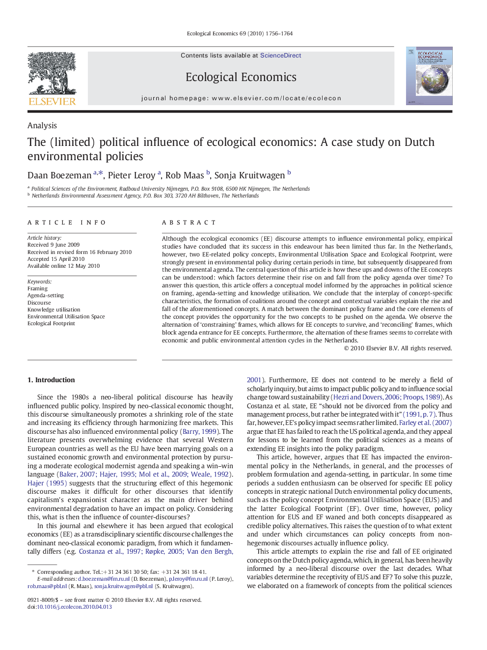 The (limited) political influence of ecological economics: A case study on Dutch environmental policies