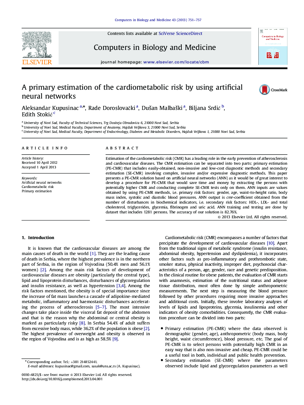 A primary estimation of the cardiometabolic risk by using artificial neural networks