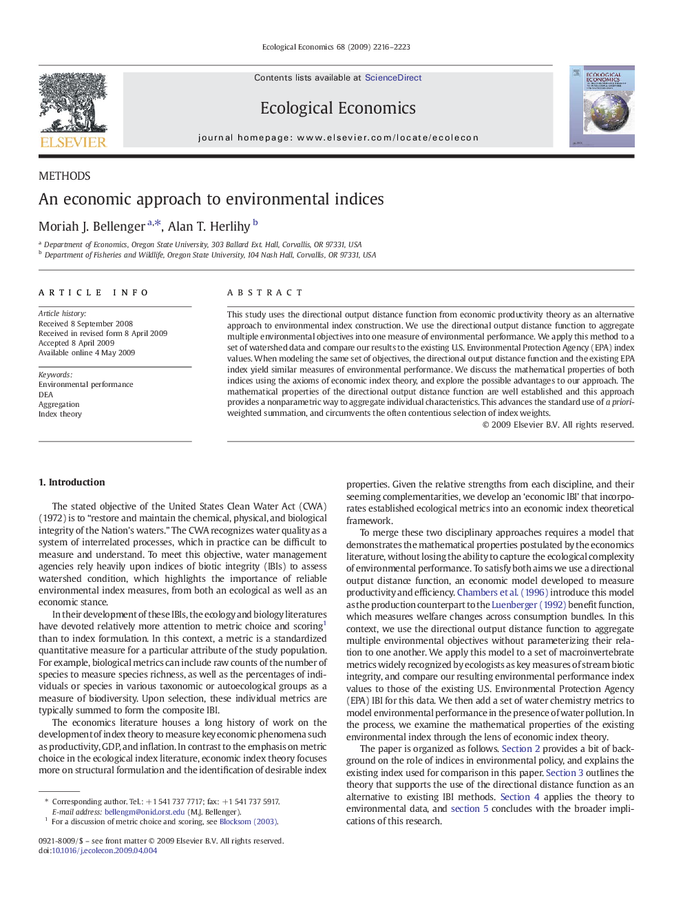 An economic approach to environmental indices