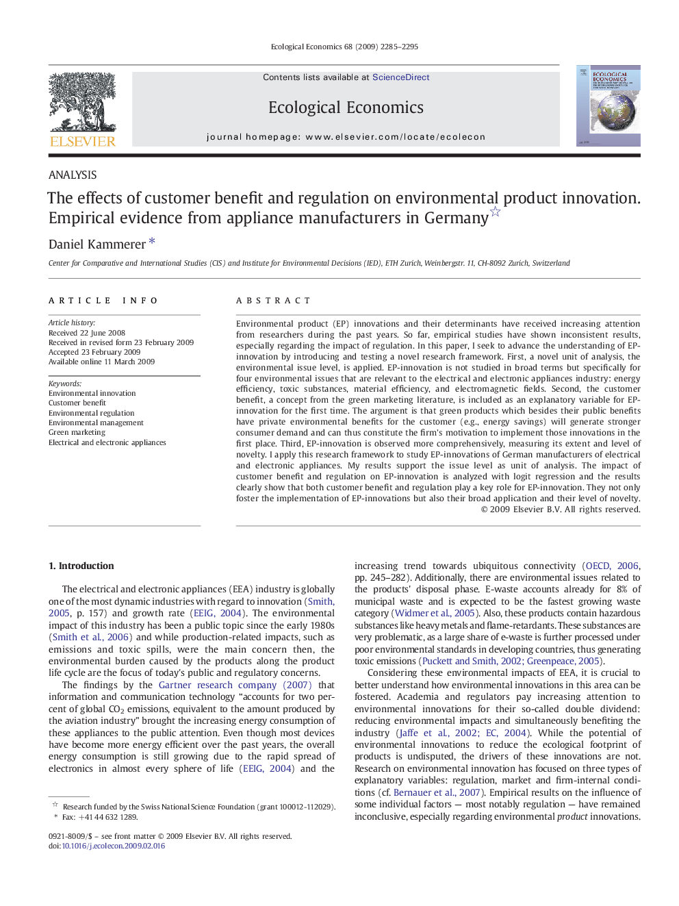 The effects of customer benefit and regulation on environmental product innovation.: Empirical evidence from appliance manufacturers in Germany