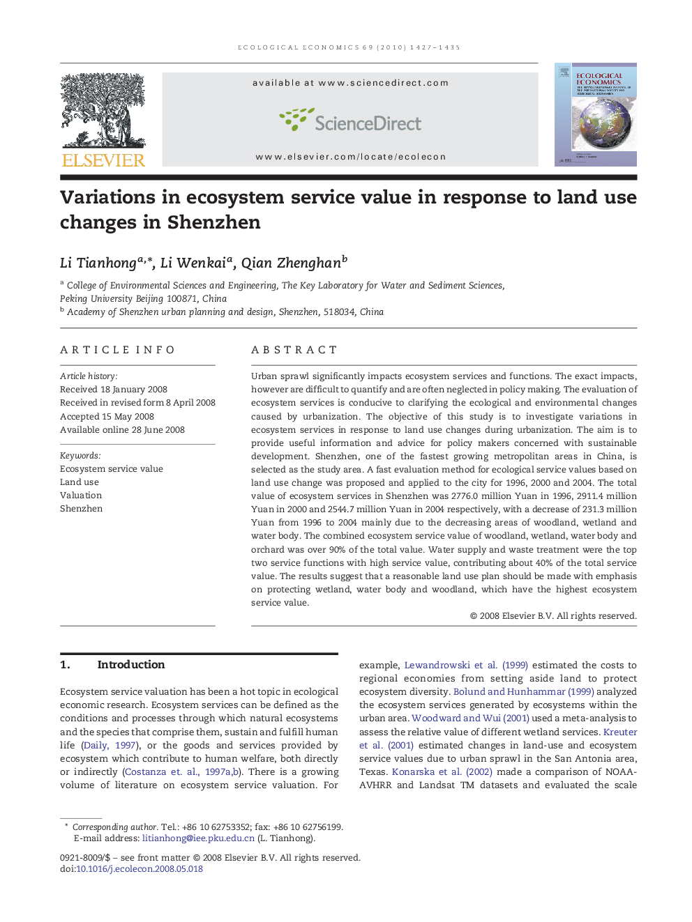 Variations in ecosystem service value in response to land use changes in Shenzhen