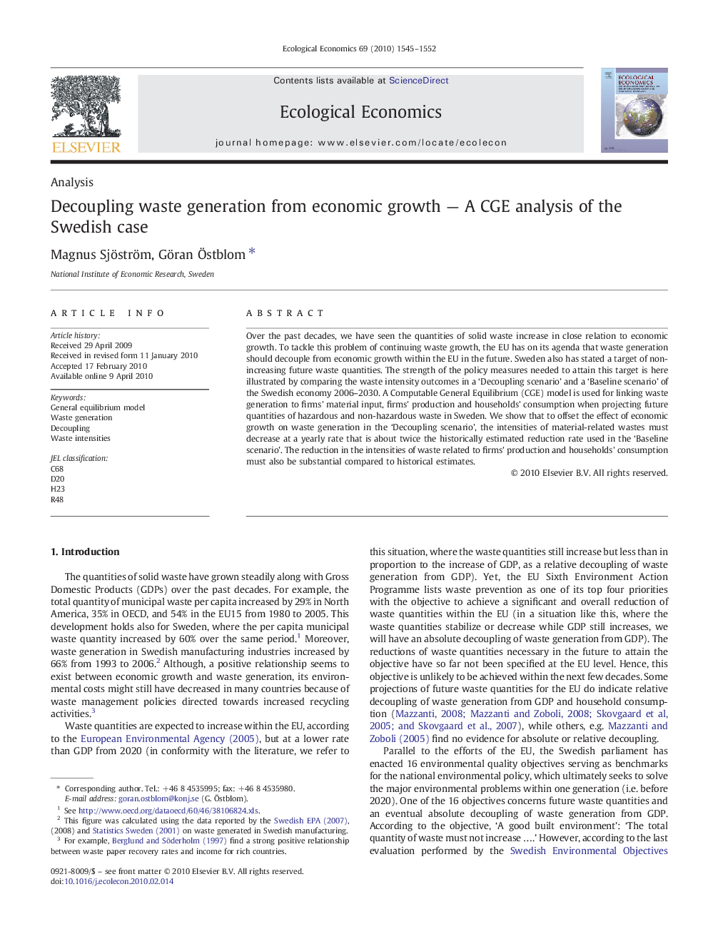 Decoupling waste generation from economic growth - A CGE analysis of the Swedish case