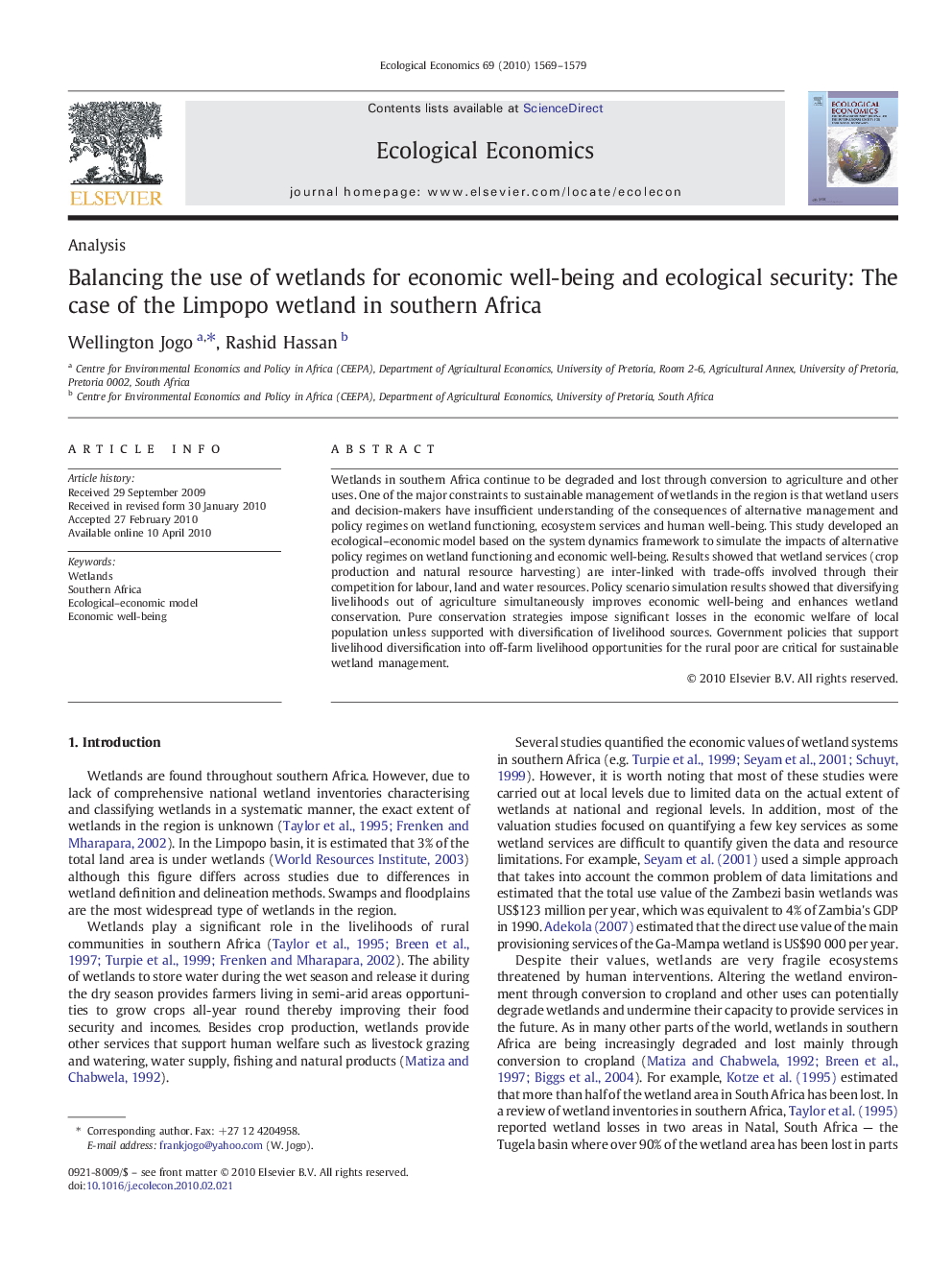 Balancing the use of wetlands for economic well-being and ecological security: The case of the Limpopo wetland in southern Africa