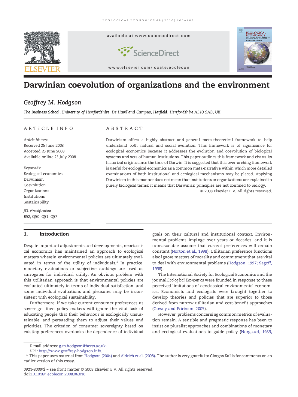 Darwinian coevolution of organizations and the environment