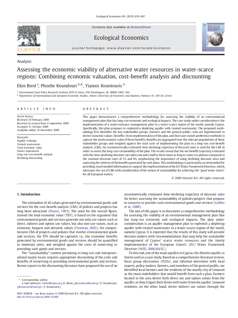 Assessing the economic viability of alternative water resources in water-scarce regions: Combining economic valuation, cost-benefit analysis and discounting