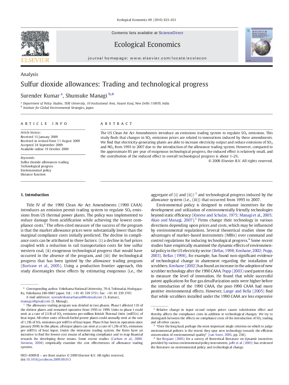 Sulfur dioxide allowances: Trading and technological progress