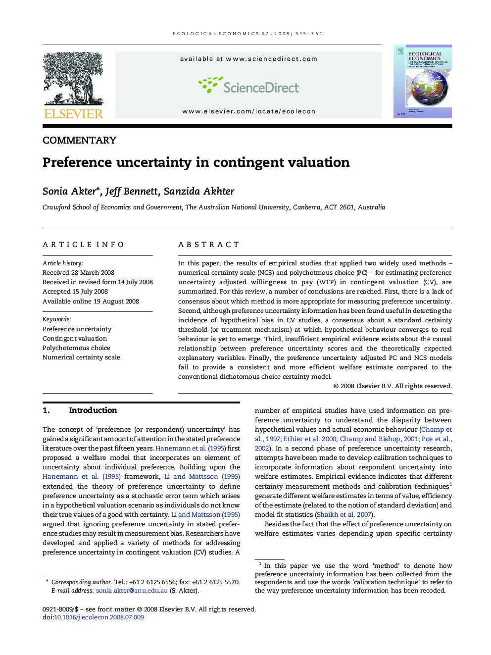 Preference uncertainty in contingent valuation