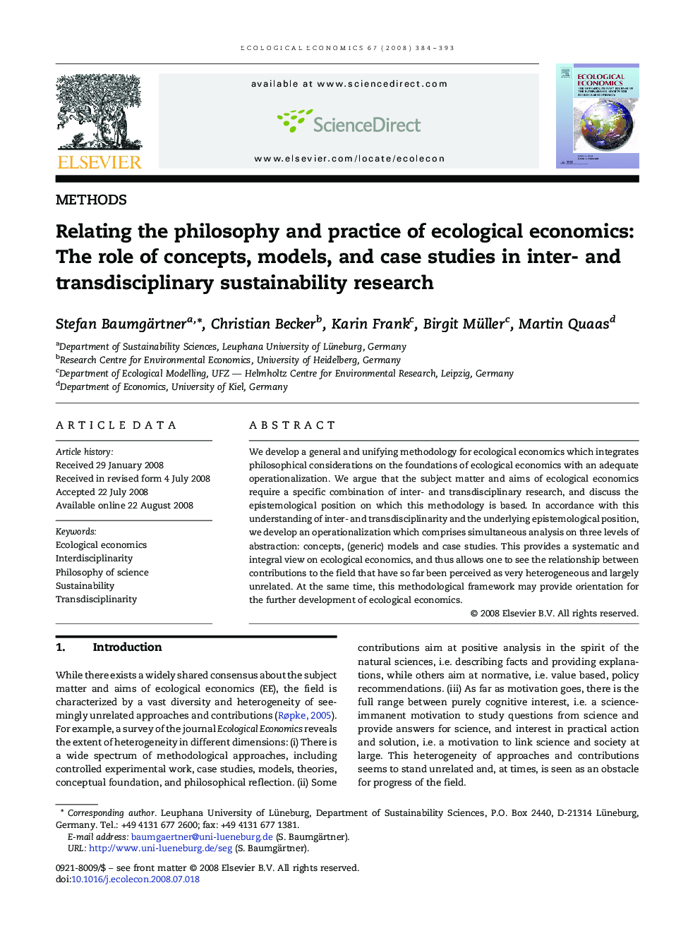 Relating the philosophy and practice of ecological economics: The role of concepts, models, and case studies in inter- and transdisciplinary sustainability research