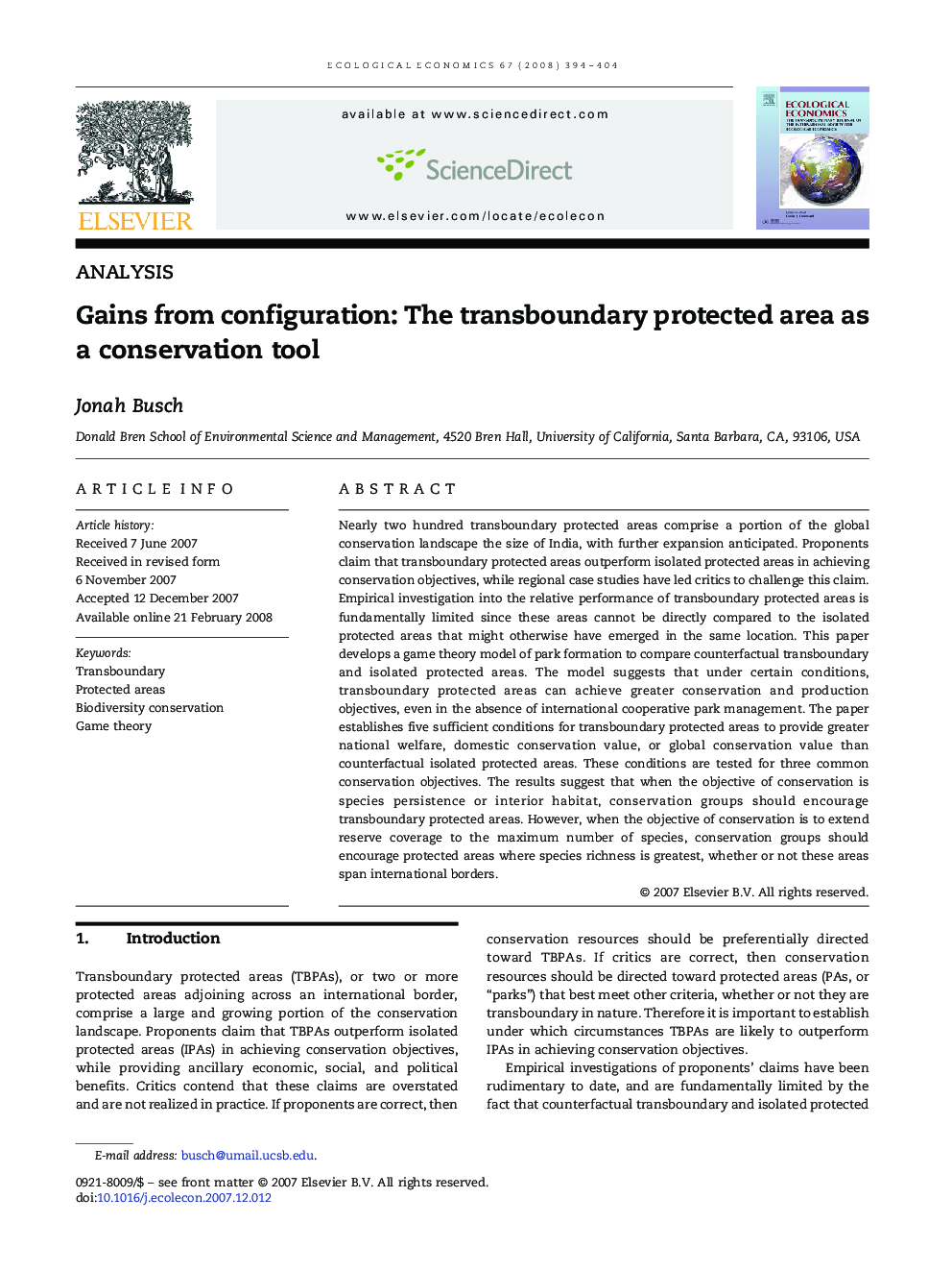 Gains from configuration: The transboundary protected area as a conservation tool