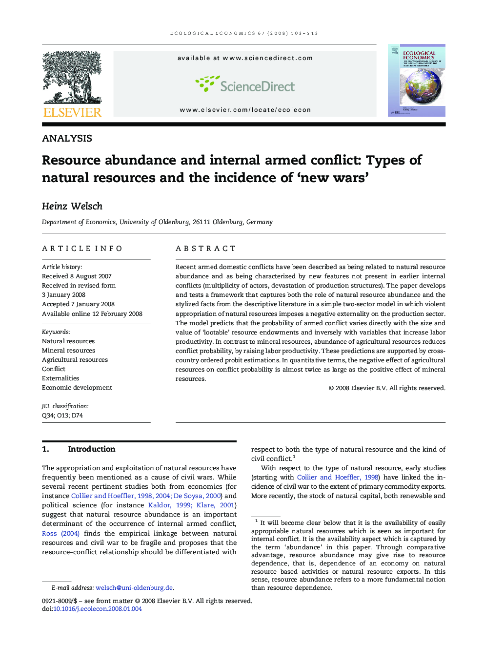 Resource abundance and internal armed conflict: Types of natural resources and the incidence of 'new wars'