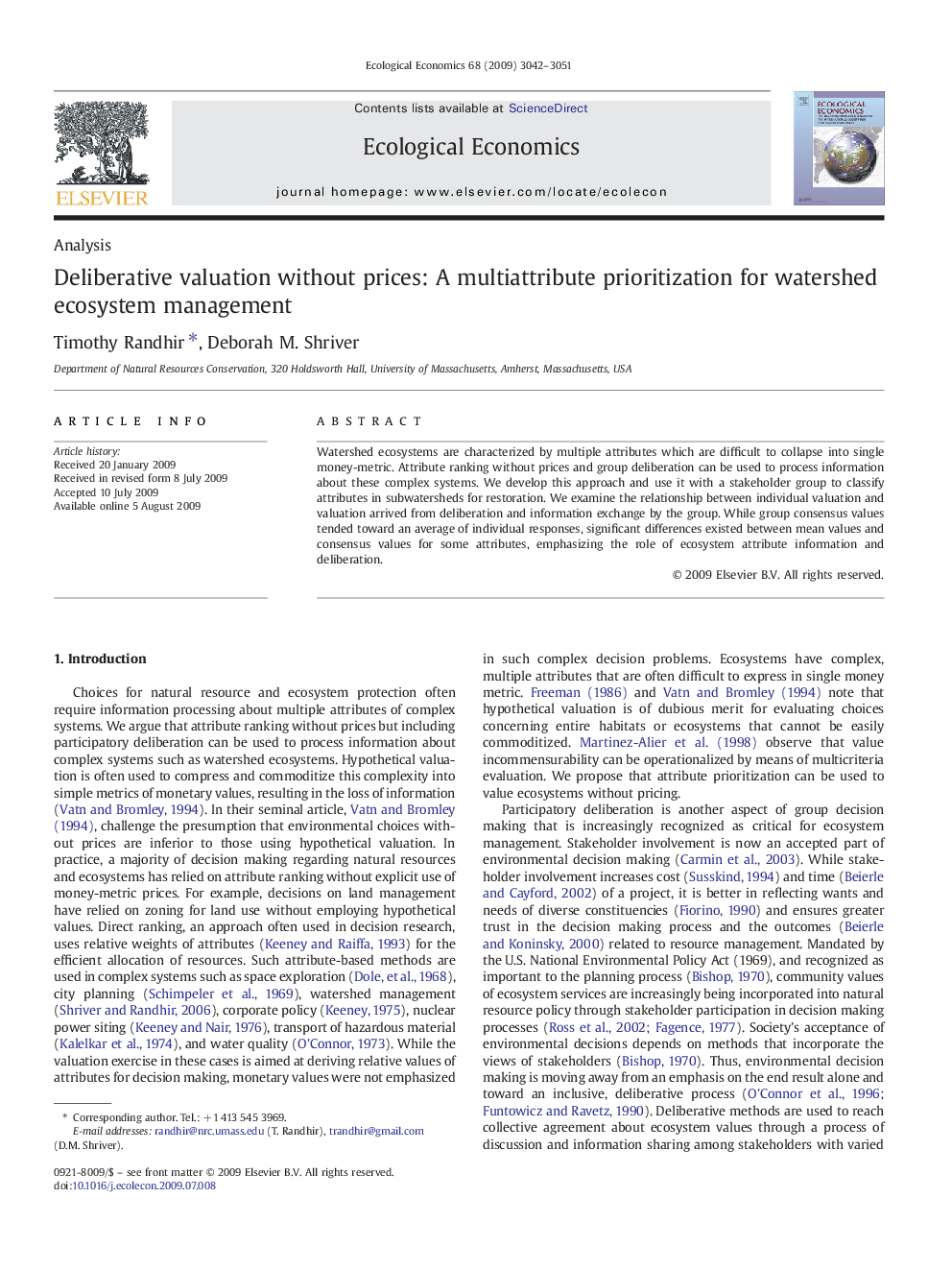 Deliberative valuation without prices: A multiattribute prioritization for watershed ecosystem management