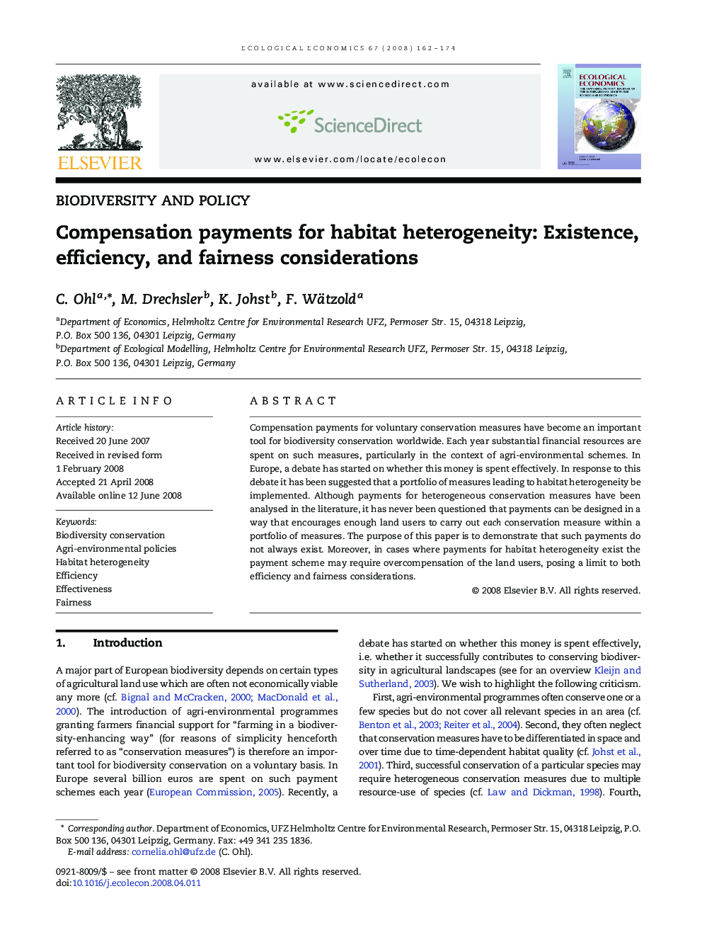 Compensation payments for habitat heterogeneity: Existence, efficiency, and fairness considerations