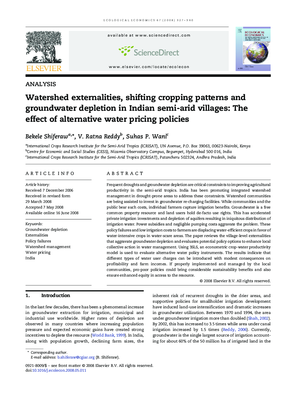 Watershed externalities, shifting cropping patterns and groundwater depletion in Indian semi-arid villages: The effect of alternative water pricing policies
