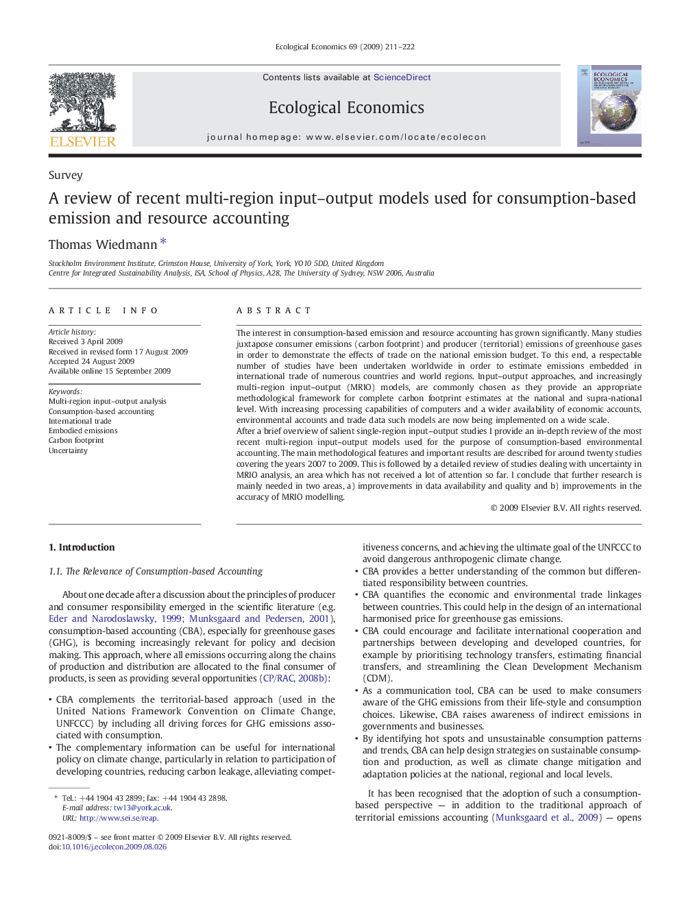 A review of recent multi-region input-output models used for consumption-based emission and resource accounting