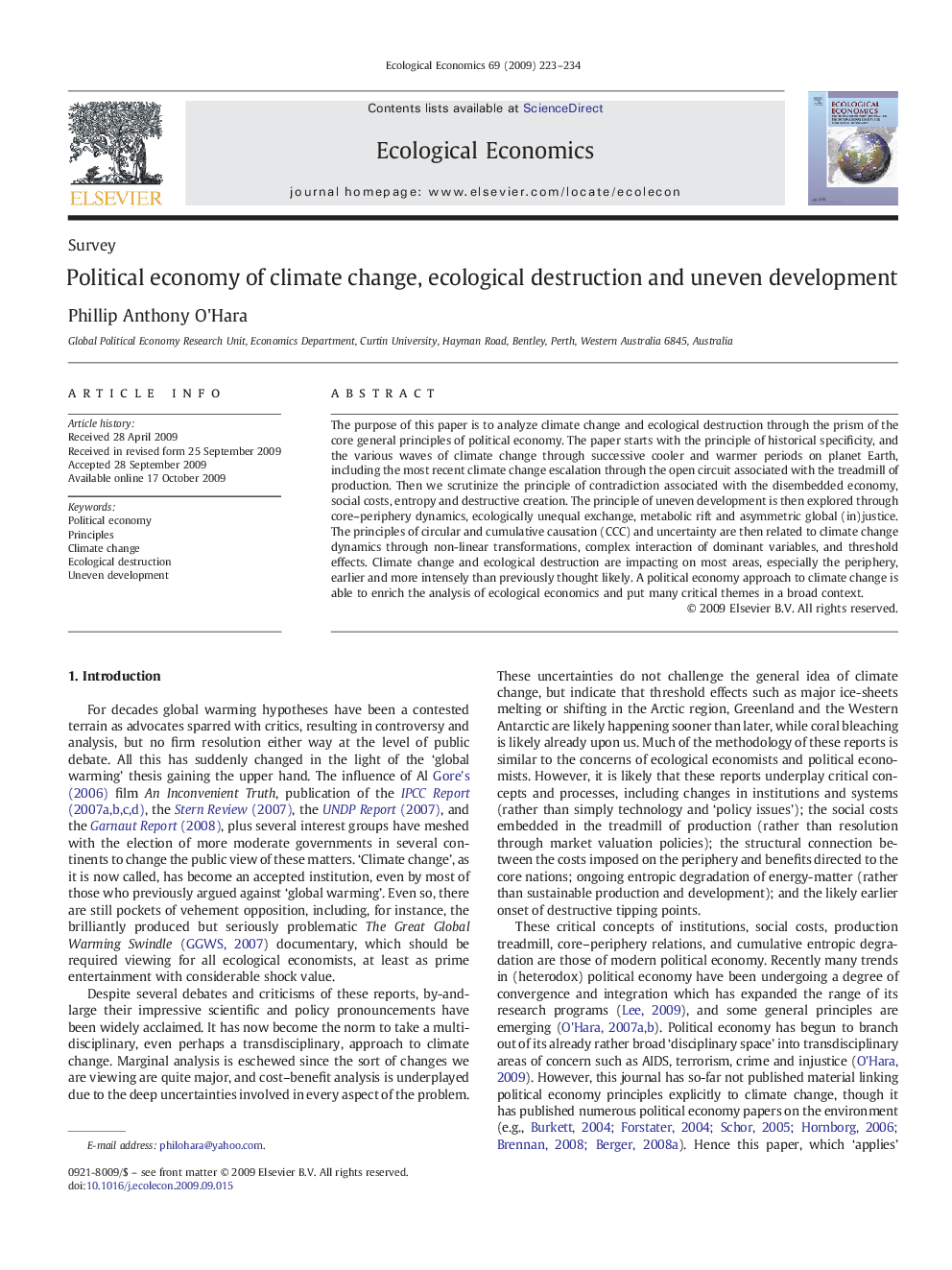 Political economy of climate change, ecological destruction and uneven development