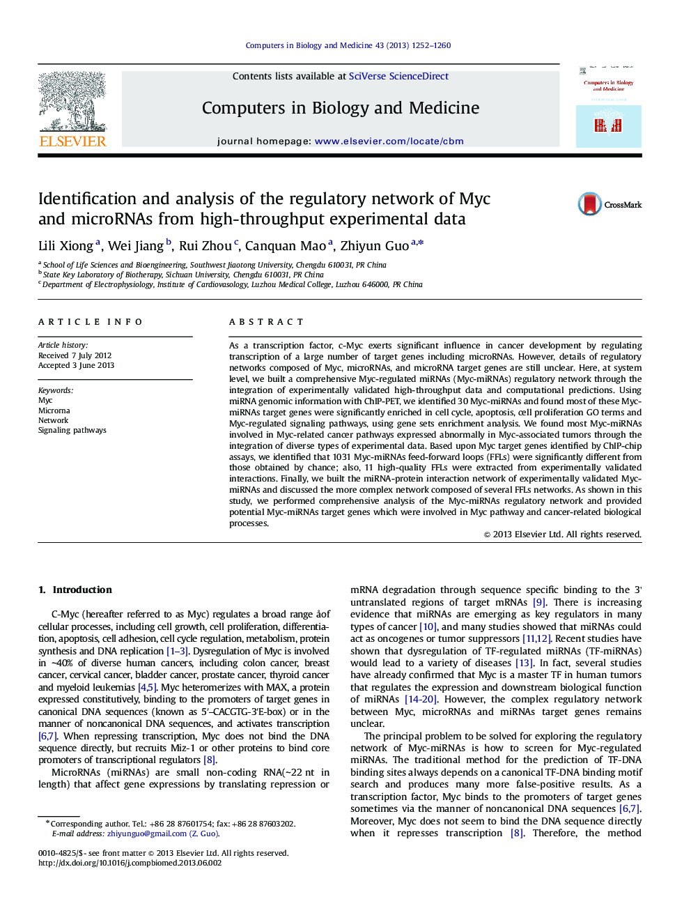 Identification and analysis of the regulatory network of Myc and microRNAs from high-throughput experimental data