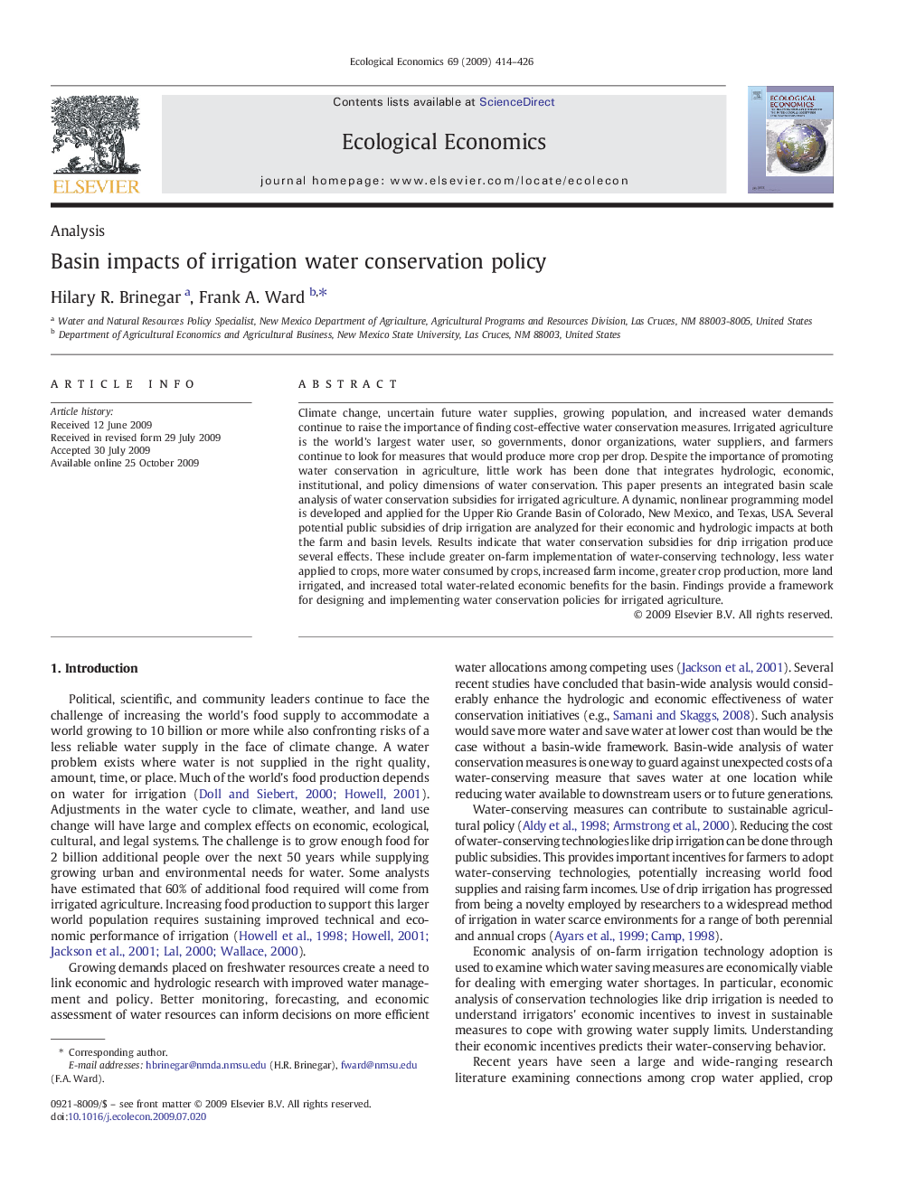 Basin impacts of irrigation water conservation policy