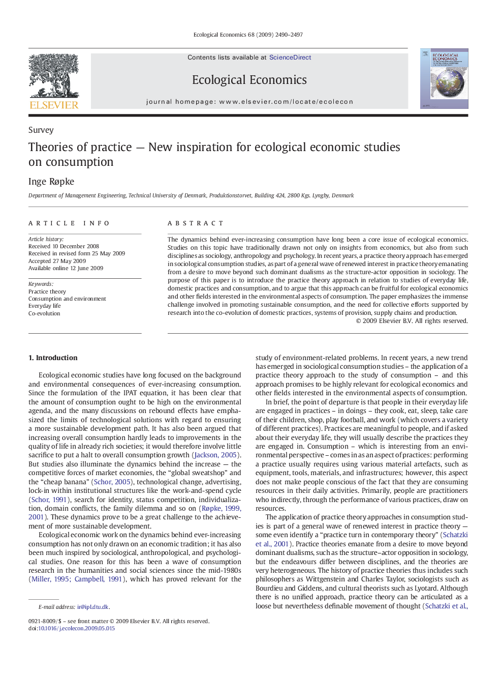 Theories of practice - New inspiration for ecological economic studies on consumption