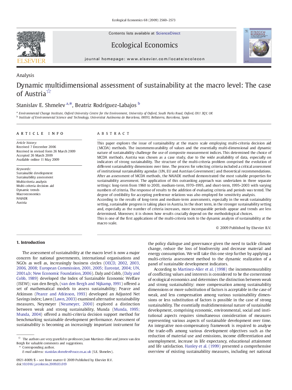 Dynamic multidimensional assessment of sustainability at the macro level: The case of Austria