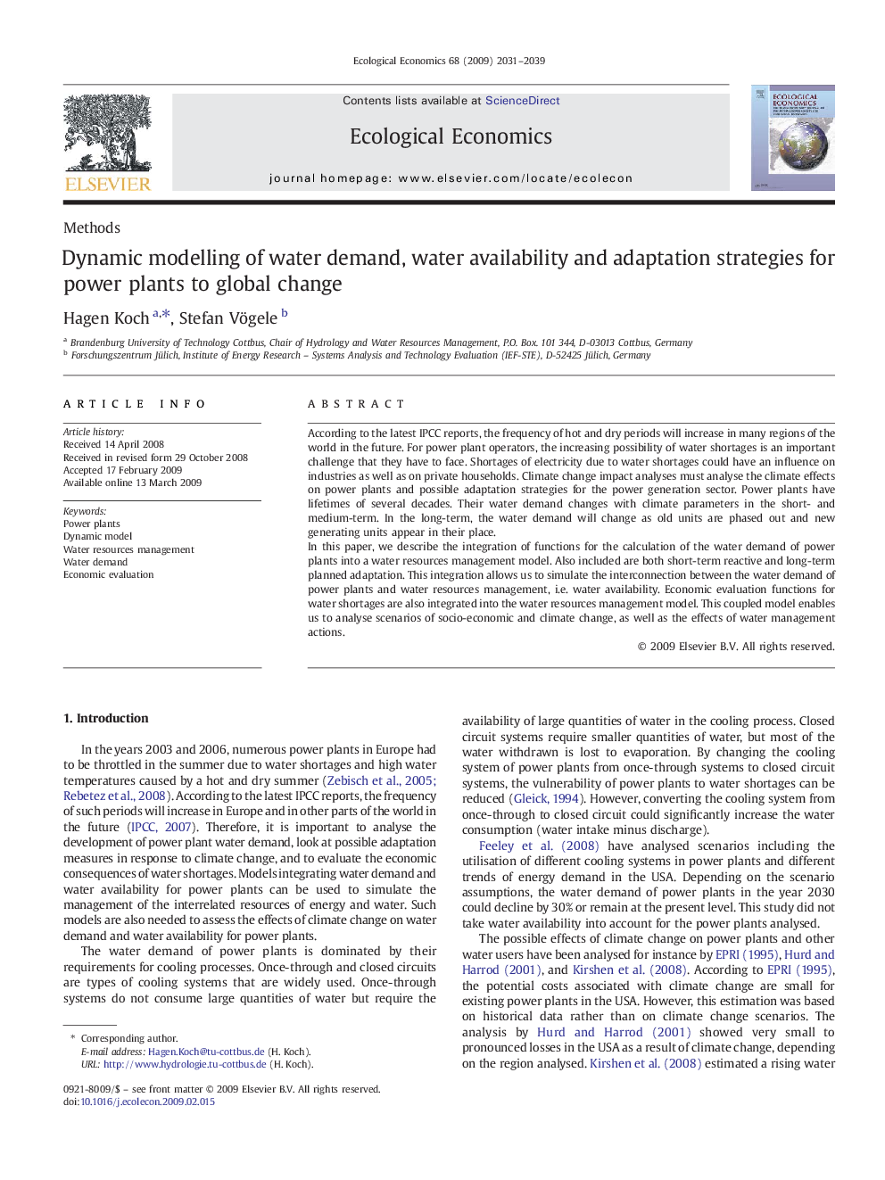 Dynamic modelling of water demand, water availability and adaptation strategies for power plants to global change