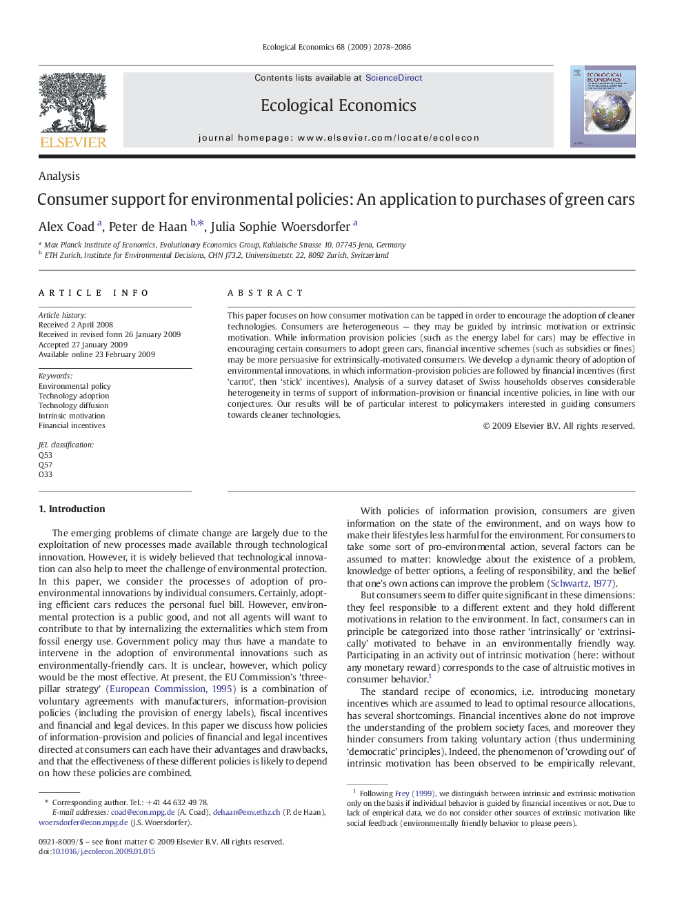 Consumer support for environmental policies: An application to purchases of green cars