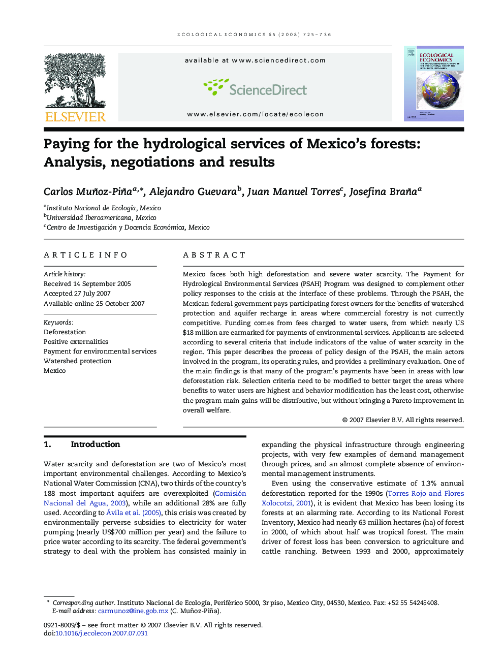 Paying for the hydrological services of Mexico's forests: Analysis, negotiations and results