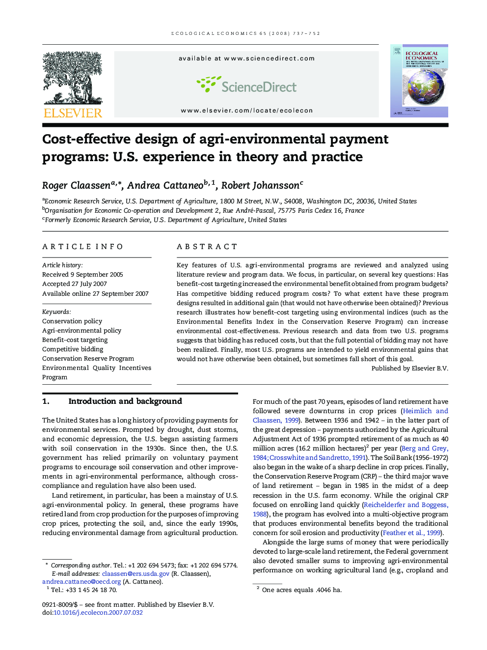 Cost-effective design of agri-environmental payment programs: U.S. experience in theory and practice