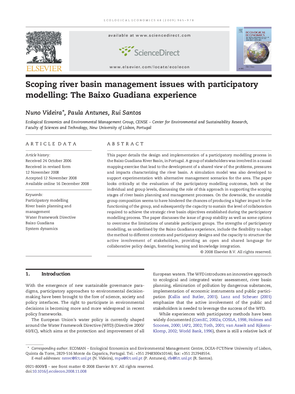 Scoping river basin management issues with participatory modelling: The Baixo Guadiana experience