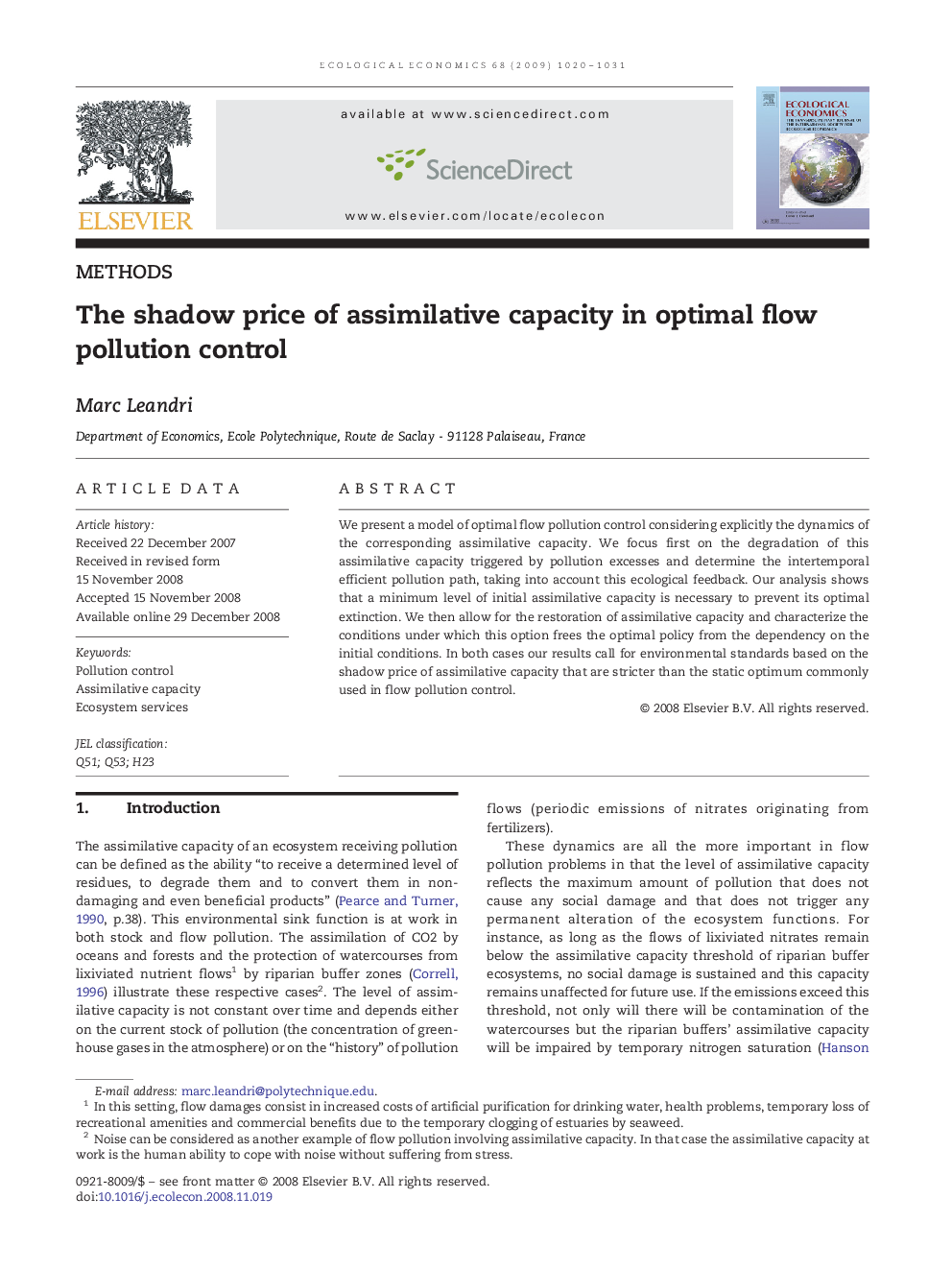 The shadow price of assimilative capacity in optimal flow pollution control