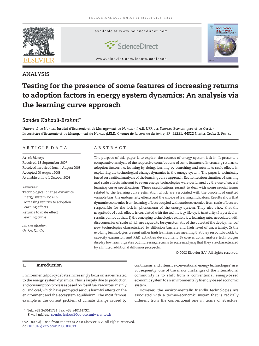 Testing for the presence of some features of increasing returns to adoption factors in energy system dynamics: An analysis via the learning curve approach