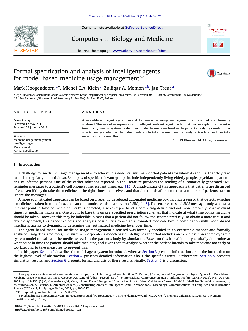 Formal specification and analysis of intelligent agents for model-based medicine usage management 