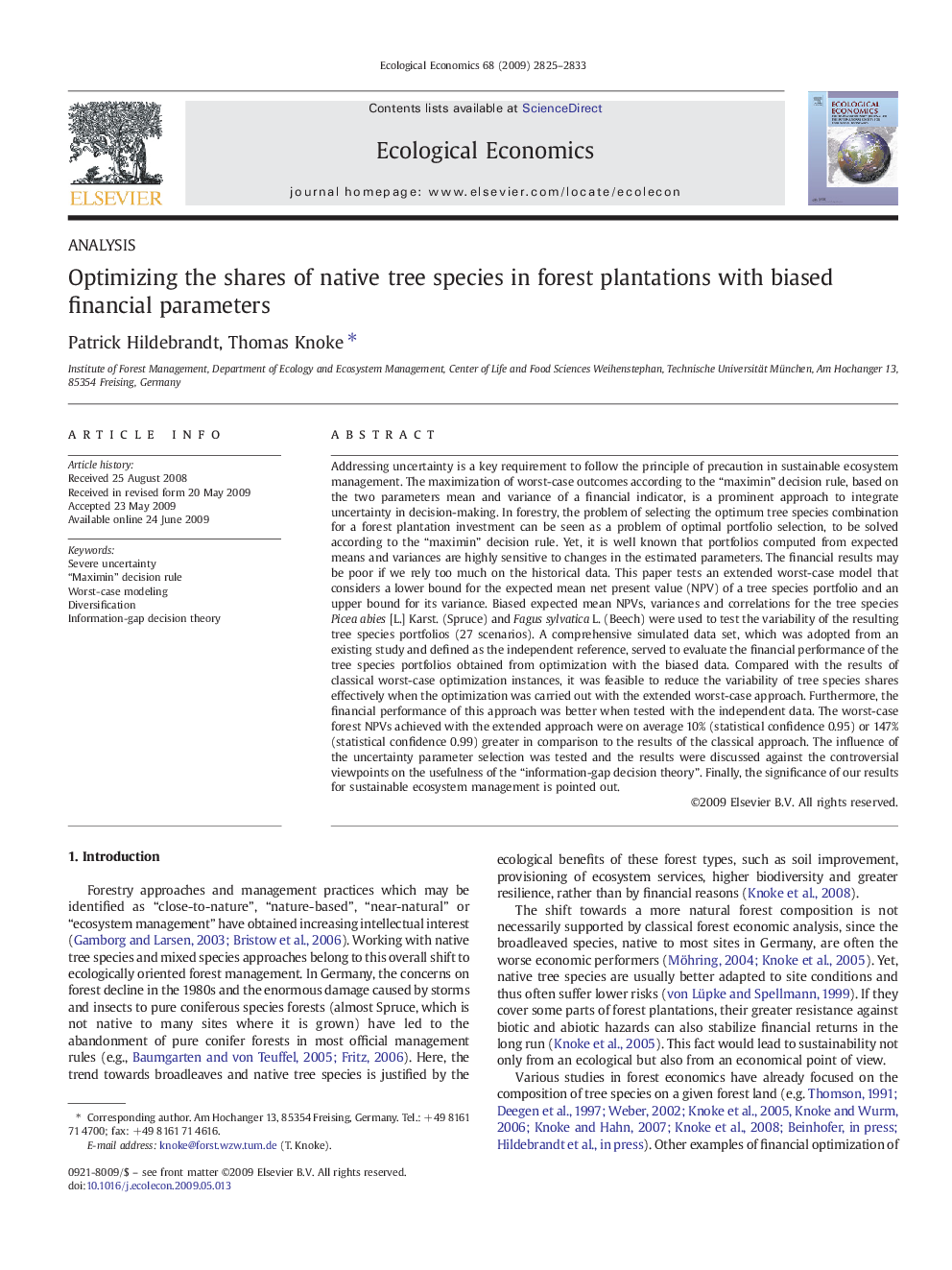 Optimizing the shares of native tree species in forest plantations with biased financial parameters