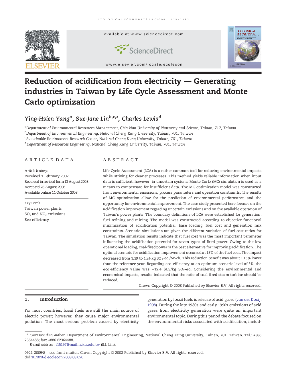Reduction of acidification from electricity - Generating industries in Taiwan by Life Cycle Assessment and Monte Carlo optimization