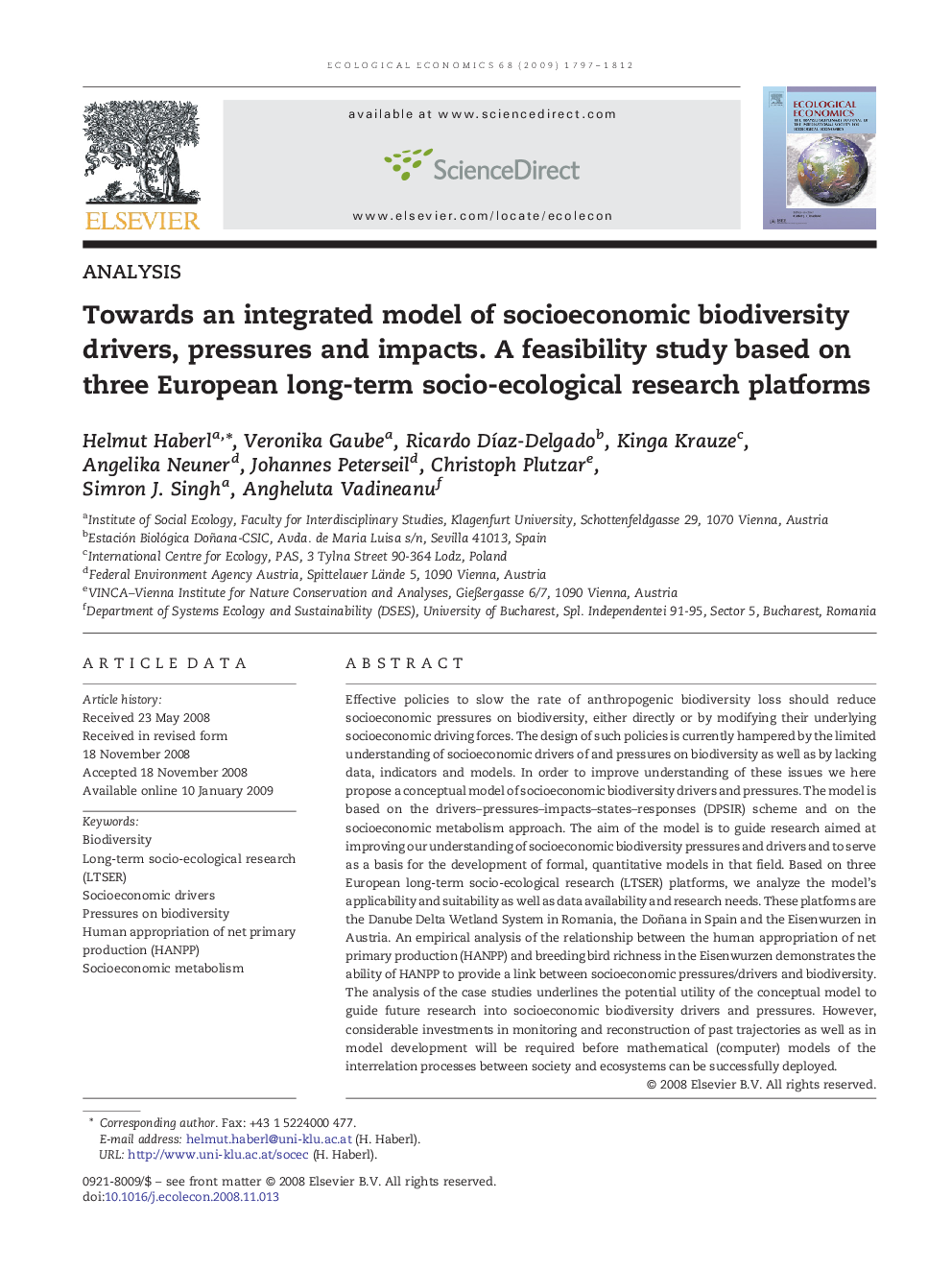 Towards an integrated model of socioeconomic biodiversity drivers, pressures and impacts. A feasibility study based on three European long-term socio-ecological research platforms