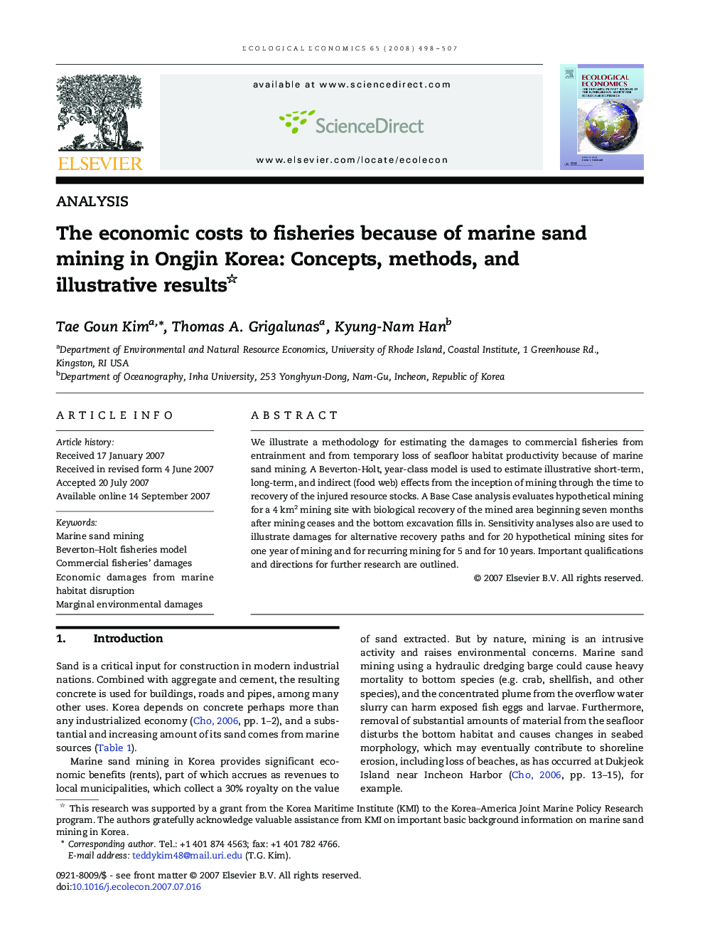 The economic costs to fisheries because of marine sand mining in Ongjin Korea: Concepts, methods, and illustrative results