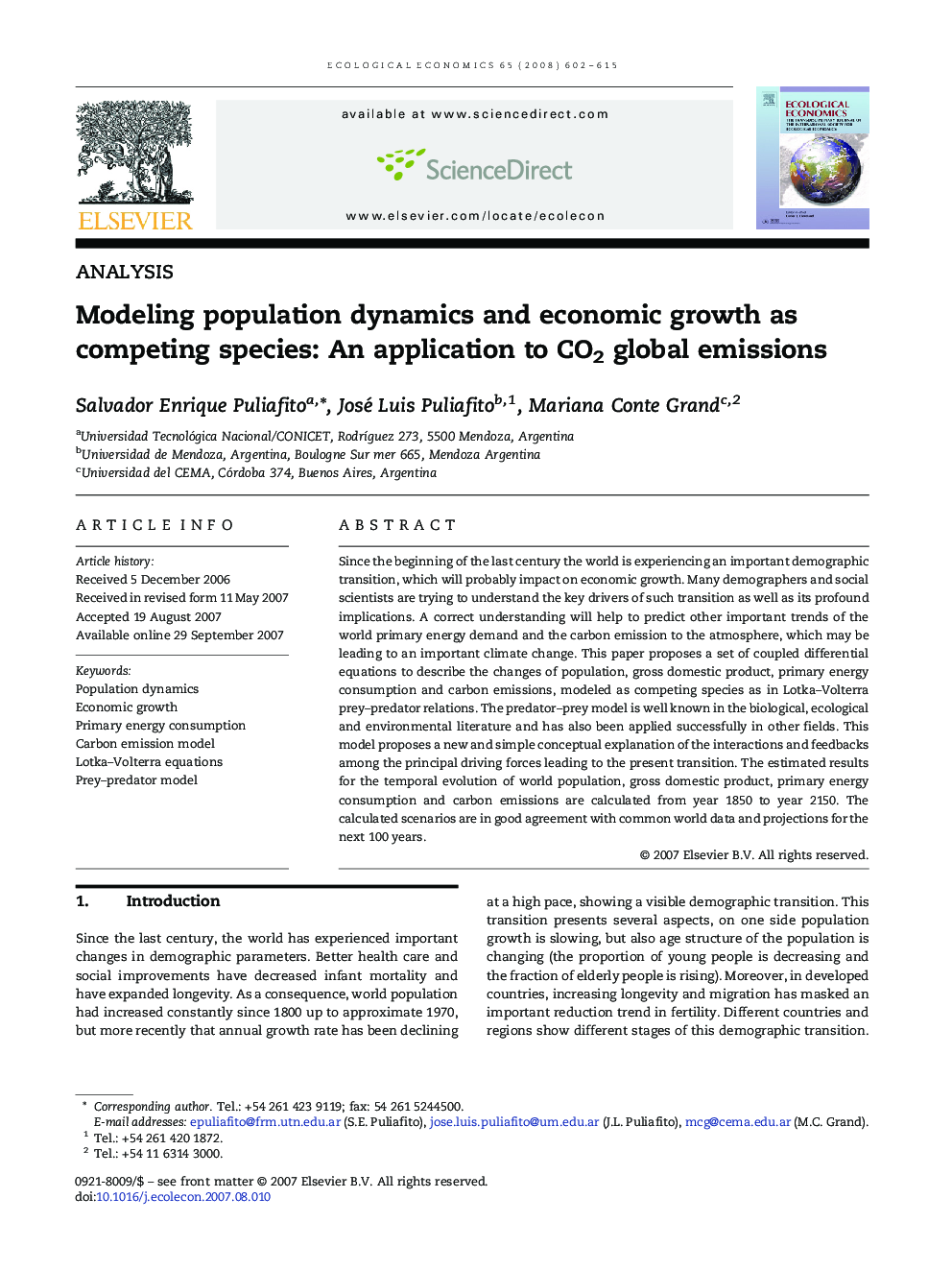 Modeling population dynamics and economic growth as competing species: An application to CO2 global emissions