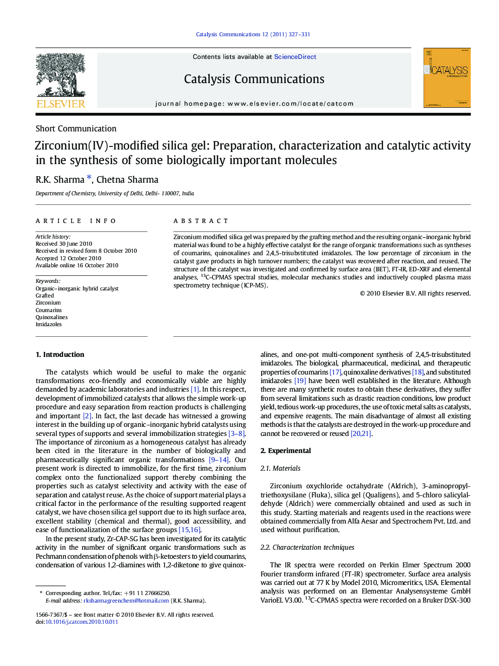 Zirconium(IV)-modified silica gel: Preparation, characterization and catalytic activity in the synthesis of some biologically important molecules