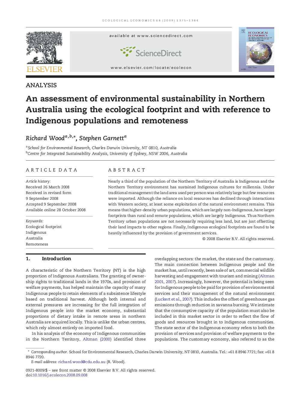 An assessment of environmental sustainability in Northern Australia using the ecological footprint and with reference to Indigenous populations and remoteness