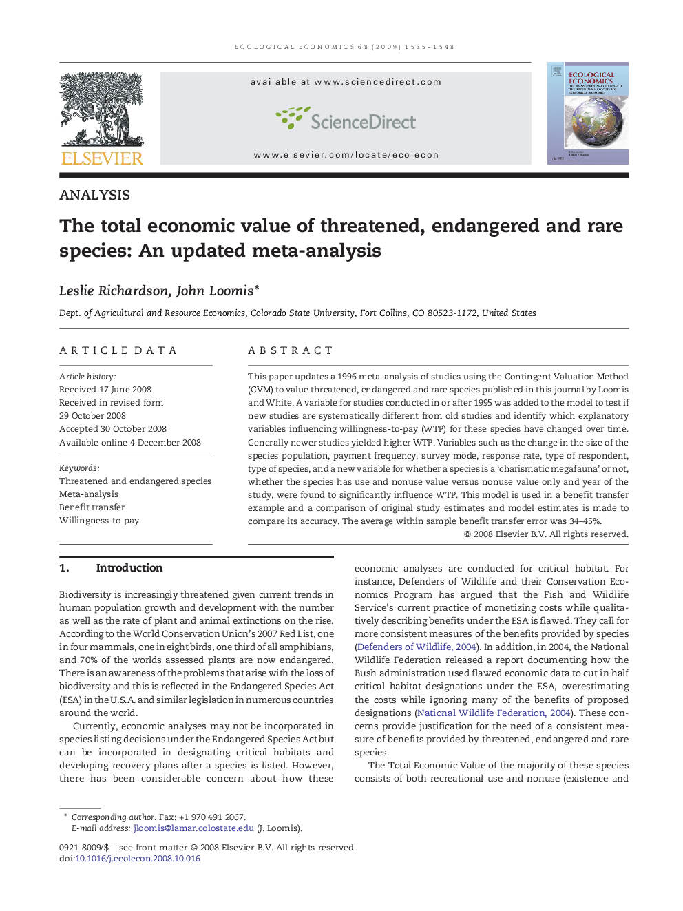 The total economic value of threatened, endangered and rare species: An updated meta-analysis