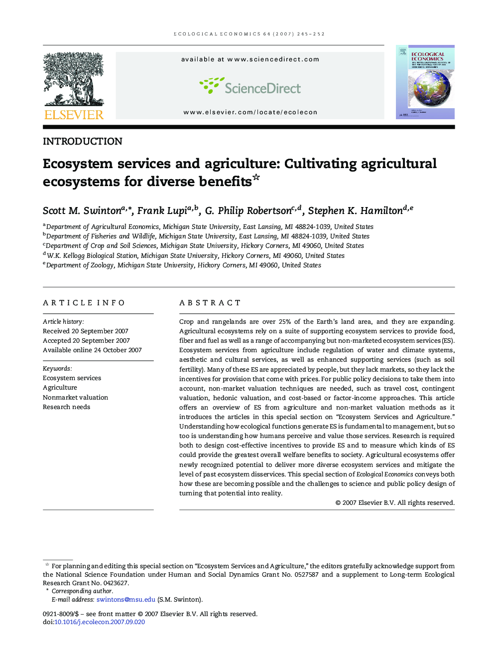 Ecosystem services and agriculture: Cultivating agricultural ecosystems for diverse benefits
